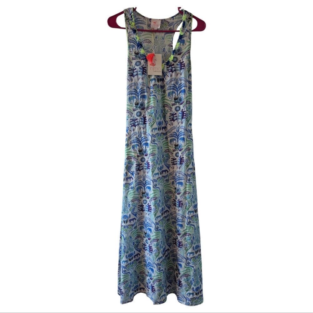 Nimo with love Sleeveless Jungle Animals Blue White Maxi Dress XS NWT